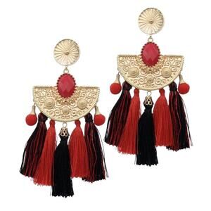 Bohemian Tassle Red Black and Gone Tone Dangle Earrlings